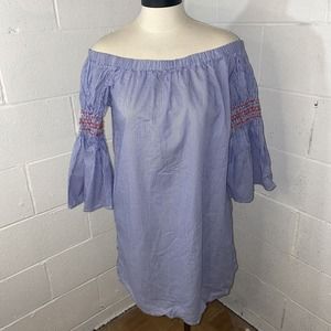 Flying tomato off shoulder‎ pocket tunic smock bell sleeve blue dress size M D2